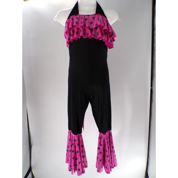 Dance Costume Leo's Medium Child Pink Jumpsuit Jazz Sequin Disco Flare Polka Dot - Picture 1 of 7